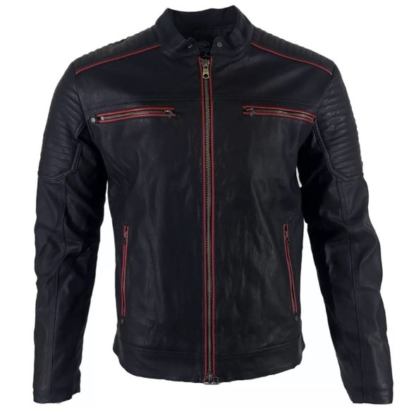 AMERICAN FIGHTER Men's Jacket UNSER Faux Leather Hooded Biker Black - Picture 1 of 12